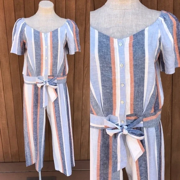 Drew Striped Linen Top & Cropped Pants Set Medium